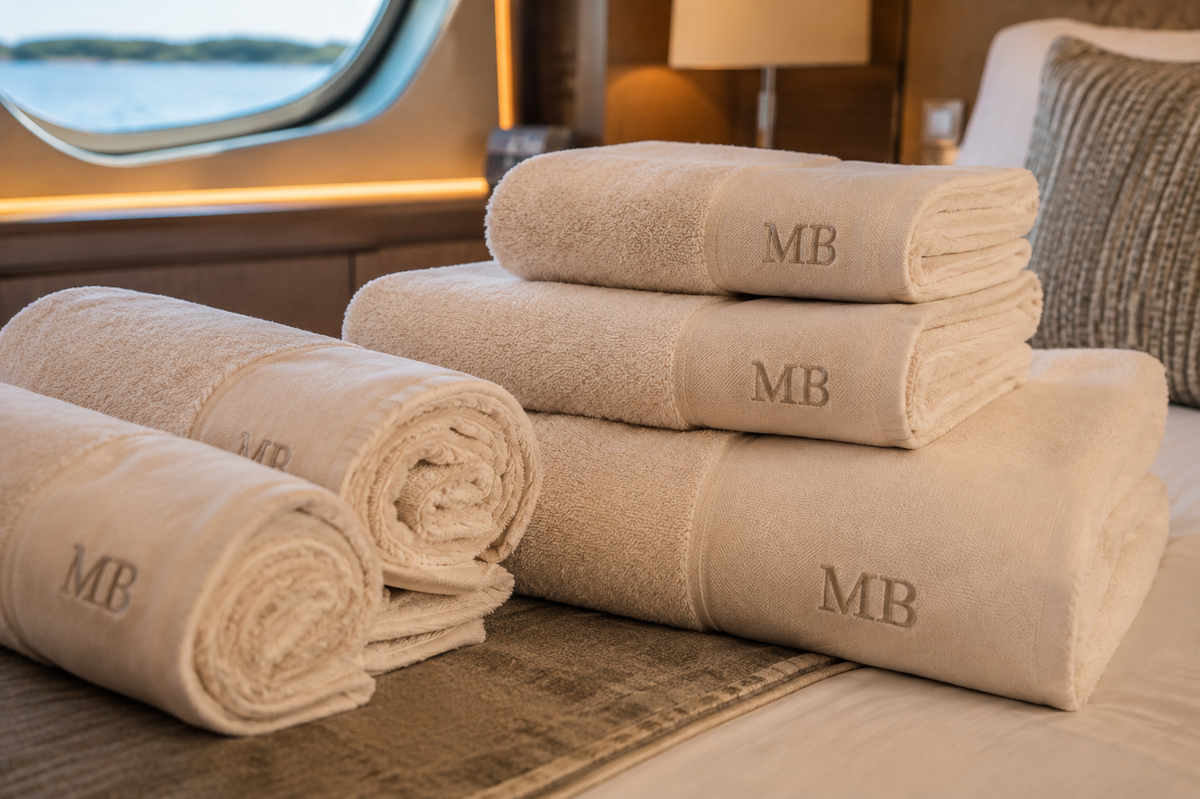 Monogrammed towel set folded on a yacht berth
