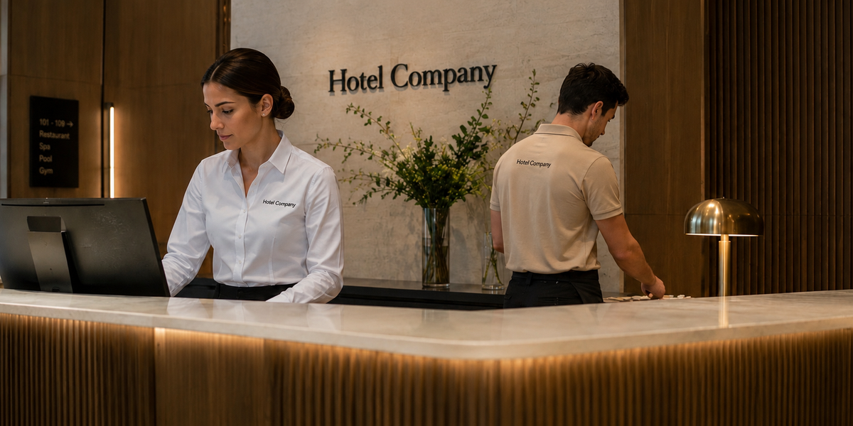 Hotel reception staff in branded shirt and polo