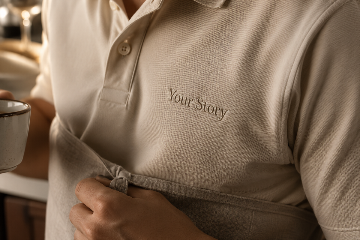 Close-up of tonal embroidery on a cream pique polo worn with a linen apron