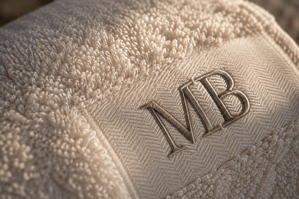 Close-up of an embroidered monogram on a herringbone towel border