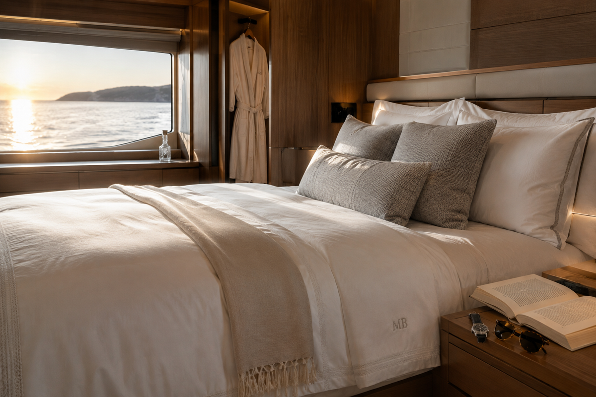 Yacht master cabin at sunset with layered bed linen and a monogrammed throw