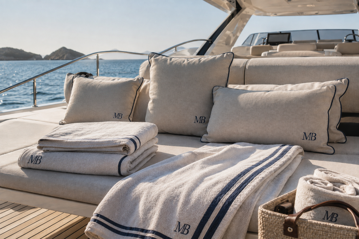 Flybridge sun deck with monogrammed cushions and striped towels
